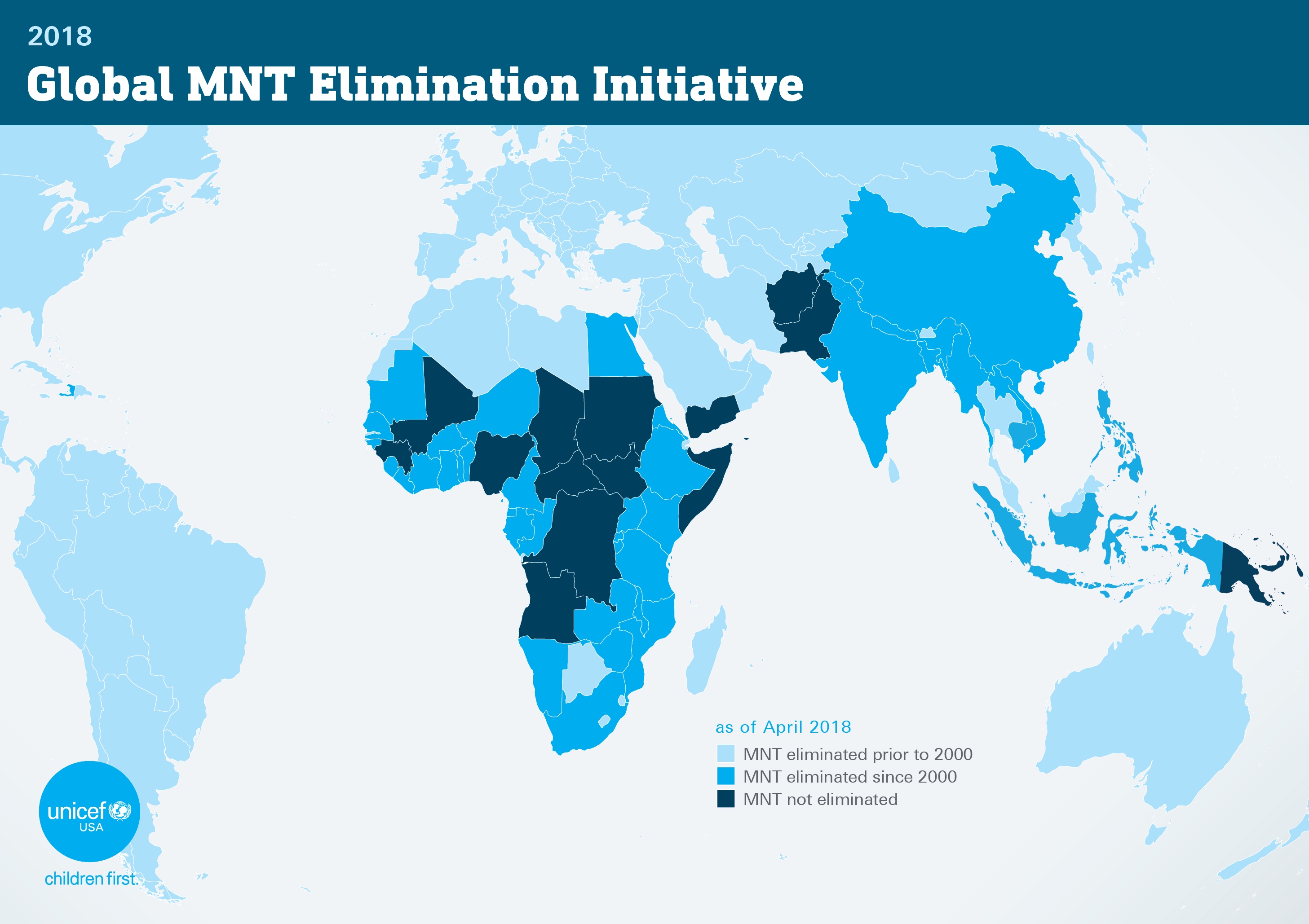 World map of countries where maternal and neonatal tetanus still hasn't been eliminated.