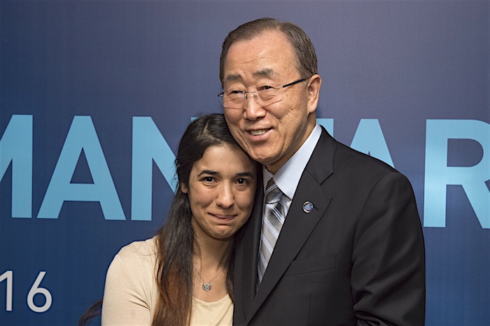 U.N. Secretary-General Ban Ki-moon (right) meets with Nadia Murad Basee Taha, a young Iraqi woman of the Yazidi faith, human rights activist and survivor of abduction and torture by the terrorist group Islamic State.  