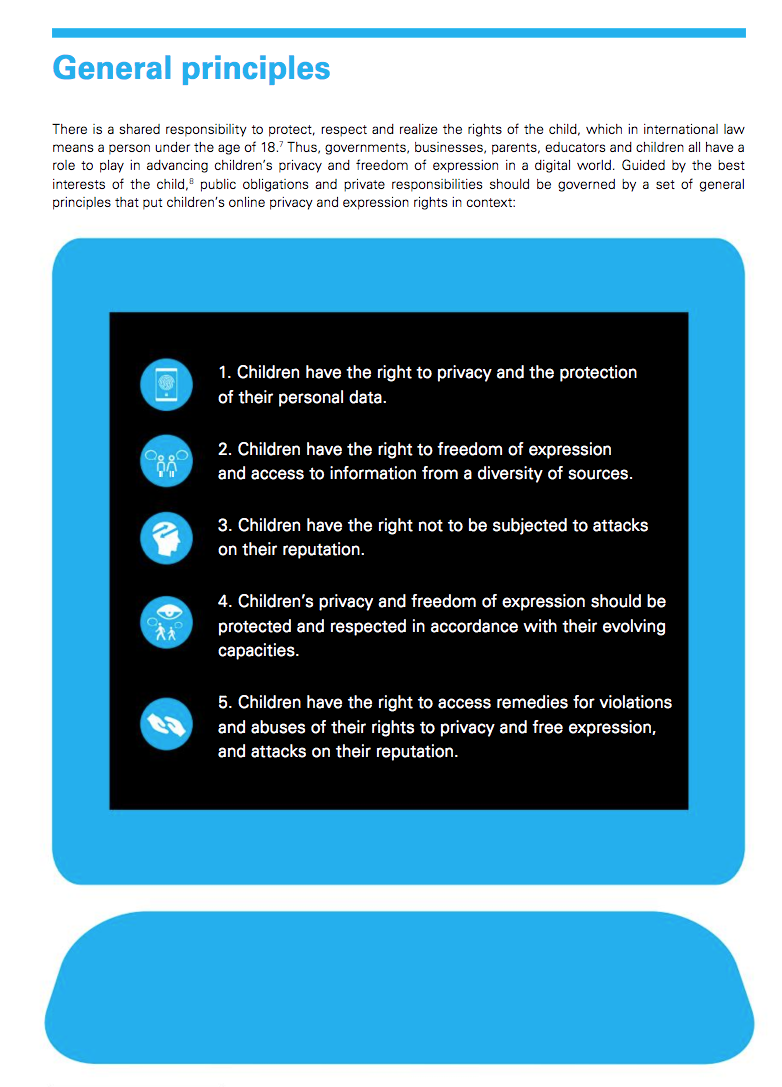 UNICEF's Child Protection and Freedom of Expression Toolkit contains five, rights-based general principles for how companies and children should interact online.
