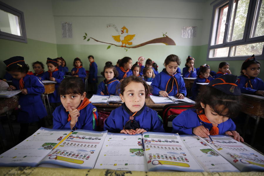 A classroom at the Saif Al-Dawleh School for Girls in Douma, East Ghouta, Syria. 