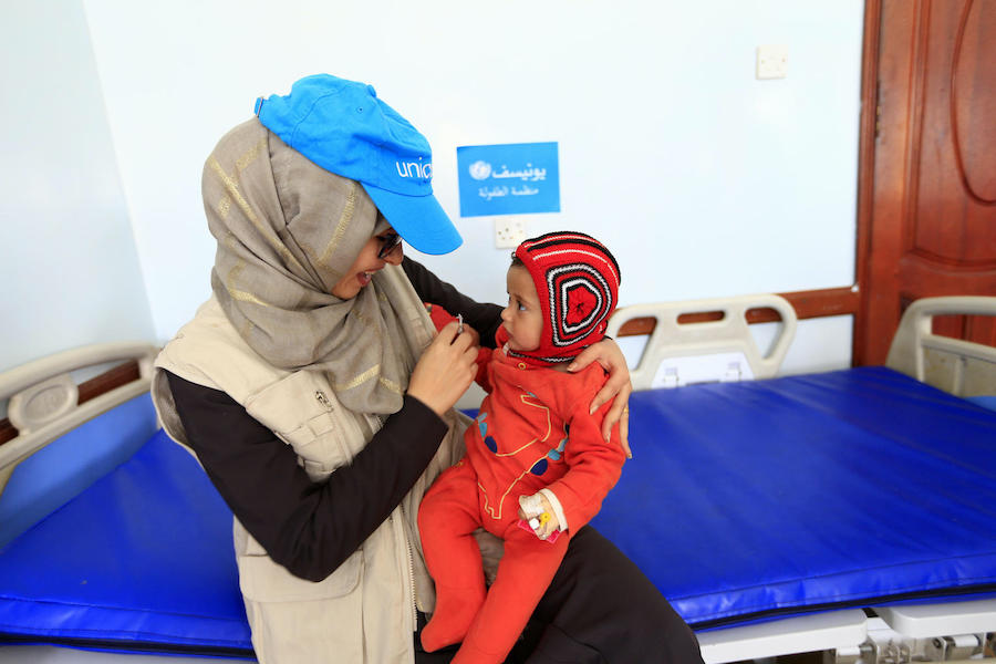 An 8-month-old boy receives care at a UNICEF-supported health center outside Sanaa, Yemen.