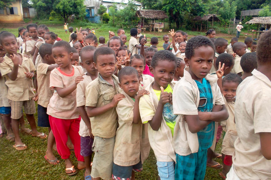 Children line up to be vaccinated by UNICEF-supported health workers in Madagascar in early 2019. 