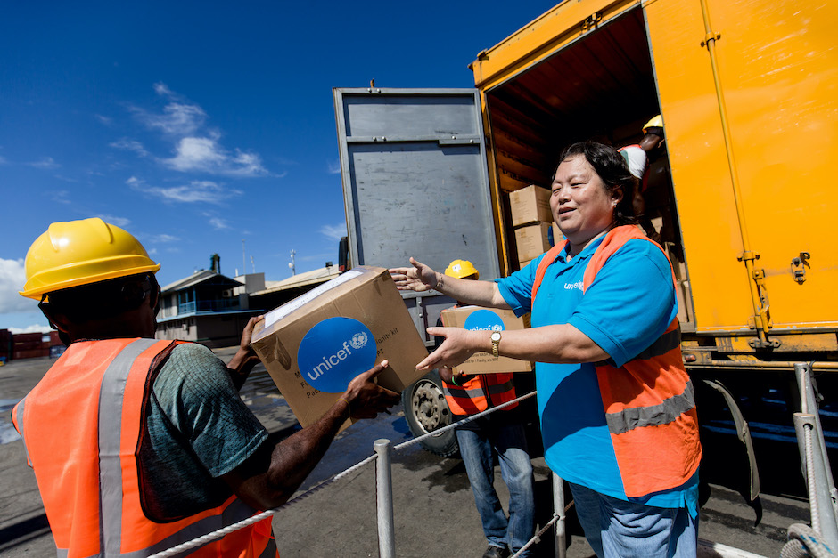 Emergency relief supplies from UNICEF are loaded onto a tourist boat for delivery to Fiji’s northern island of Vanua Levu to assist children and families affected by Tropical Cyclone Yasa. Emergency relief supplies from UNICEF are loaded onto a tourist boat for delivery to Fiji’s northern island of Vanua Levu to assist children and families affected by Tropical Cyclone Yasa.