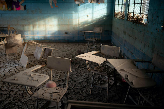 Damage to a school, after the flooding and the overflow of the Motagua River due to storms Eta and Iota, the school of the Community of El Tenedor, in Guatemala, suffered damage to its perimeter wall and mud is still visible inside the classrooms.