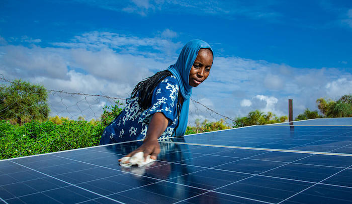 In the Fulani village of Hore Mondji, in southern Mauritania, a women's cooperative uses solar energy to operate the borehole that supplies water to the market garden, a UNICEF-supported project.