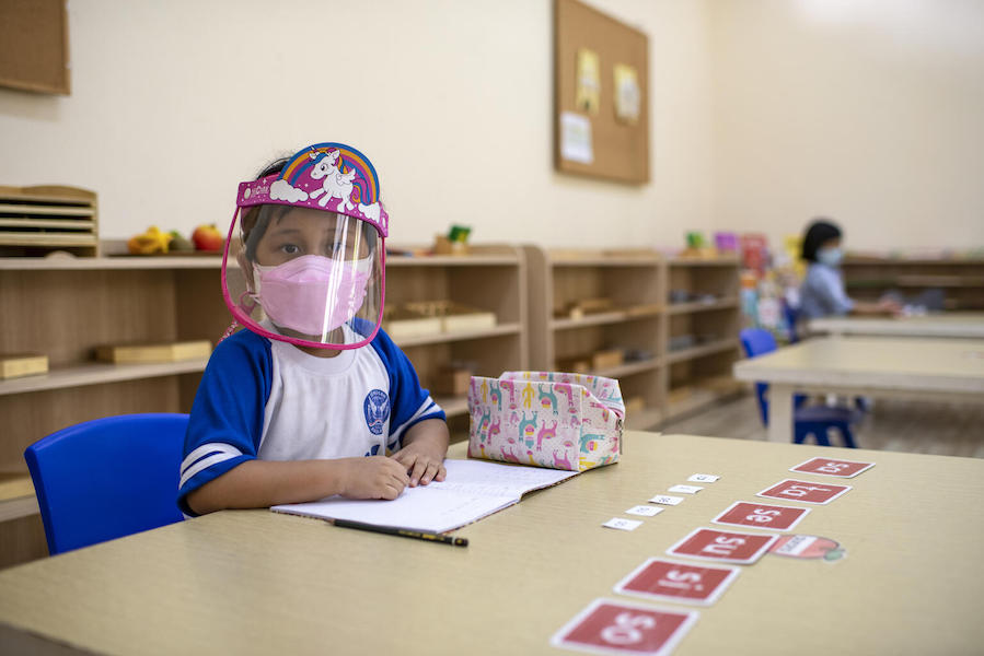 Aurora, 5, attends class at Angkasa 1 Kindergarten in East Jakarta, Indonesia, on  September 15, 2021.