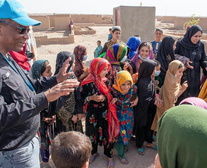 UNICEF and World Food Program reps visit a Child Friendly Space at an IDP settlement in the outskirts of Herat city, Afghanistan.