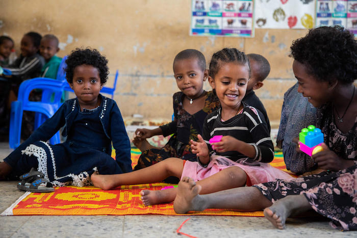 Children sit in a classroom at a UNICEF-supported school in Adikeyeh town, central Tigray, Ethiopia.