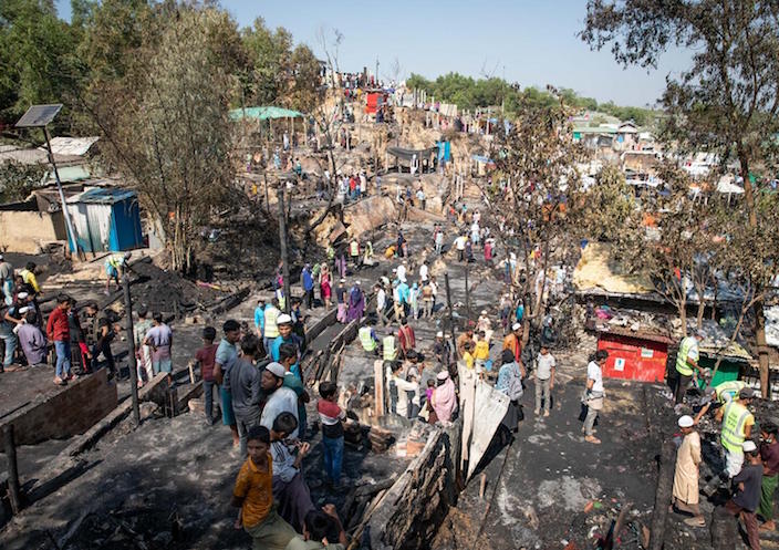 A view of the damages after a January 9, 2022 fire destroyed homes, learning centers and WASH facilities in Camp 16, part of the vast Rohingya refugee settlement in Cox's Bazar, Bangladesh.