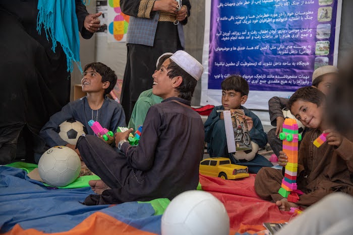 Eight-year-old Abubakr plays in a UNICEF-supported Child-Friendly Space in Gayan District, Paktika Province, Afghanistan