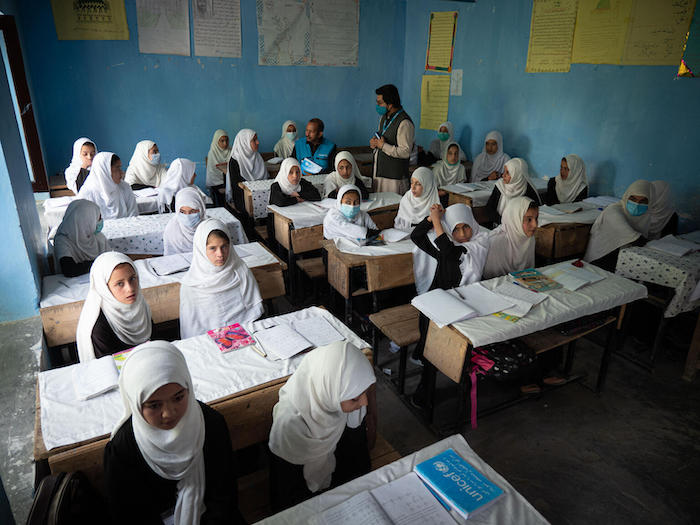 Girls in grade 6 at Halima Khazzan Girls' High School attend class in Paktia province, Afghanistan.