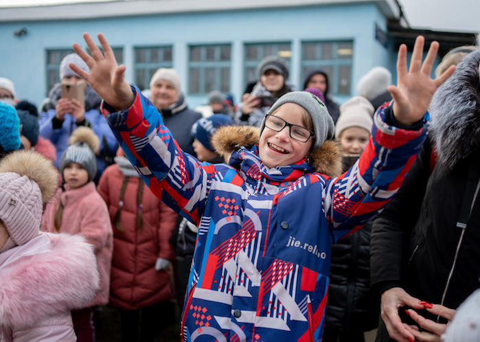 Spirits were high as children enjoyed musical performances and received gifts at Ukraine's Zanki railway station on Dec. 22, 2022.