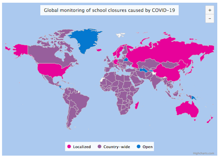 UNESCO map showing widespread school closures in response to COVID-19 pandemic is impacting over 72% of the world’s student population.
