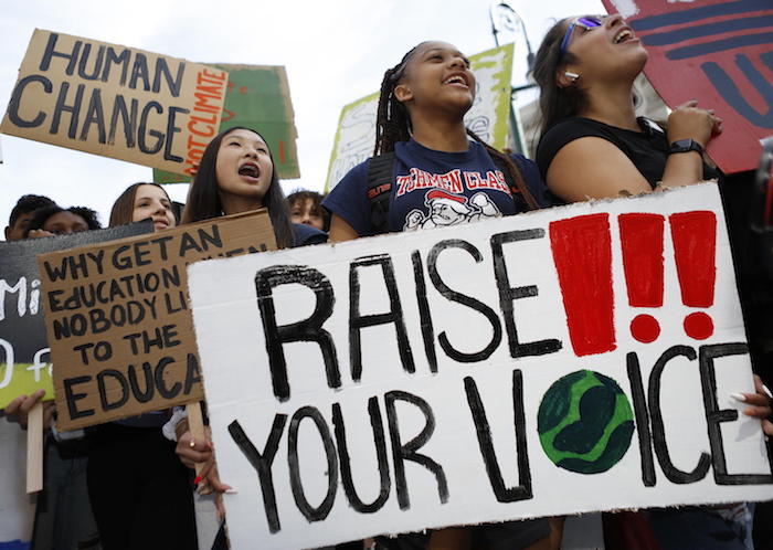 On 20 September 2019 in New York City, youth climate activists join in a demonstration calling for global action to combat climate change. 