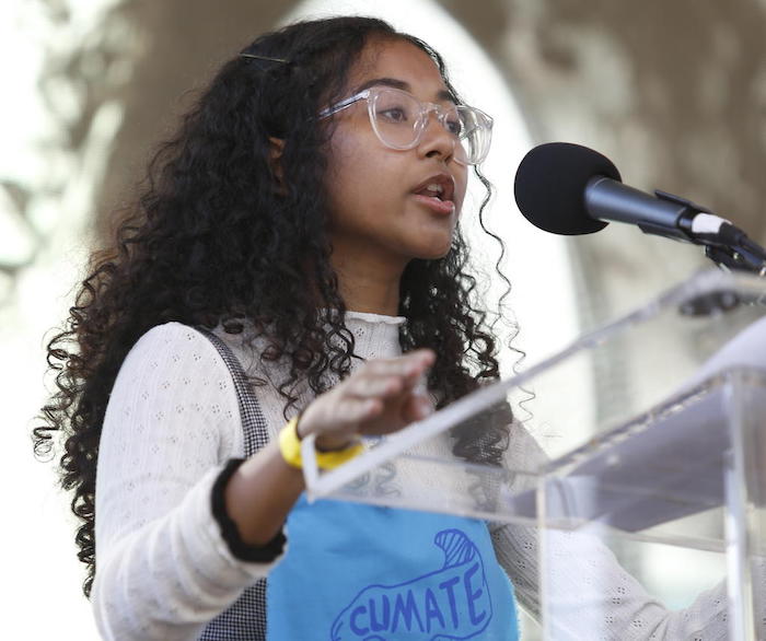 16-year-old climate activist speaks at an event in New York City.