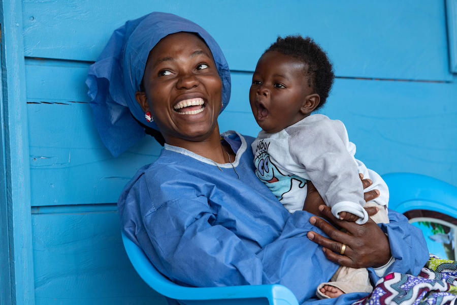 Joniste Kahambu, whose 3-year-old son died of Ebola, works as a "lullaby singer" at the UNICEF-supported nursery for babies whose parents are sick with Ebola in Butembo, Democratic Republic of the Congo. 