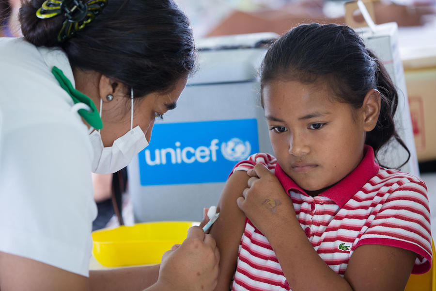 On December 2, 2019, 9-year-old Senerita receives a measles vaccination in Leauvaa Village, Samoa, as part of a UNICEF-supported national vaccination campaign in response to the current measles outbreak in the Pacific region.