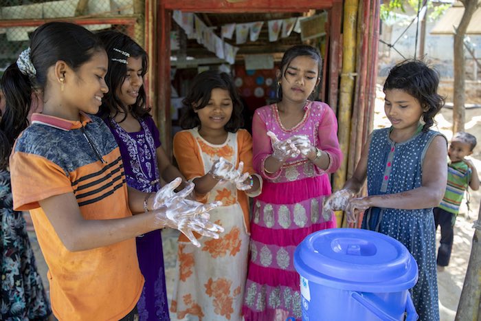 On 9 March 2020, children wash their hands with soap at a UNICEF-supported learning centre in the Kutupalong camp, a Rohingya refugee camp, in Cox’s Bazar, Bangladesh.