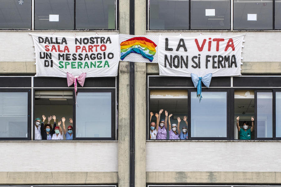 On April 17, 2020 in Italy, doctors and nurses from the obstetrics and the gynecology department at the Hospital of Treviglio, one of the biggest hospital in Bergamo Province send a message: "From our delivery room a message of hope, life does not stop."