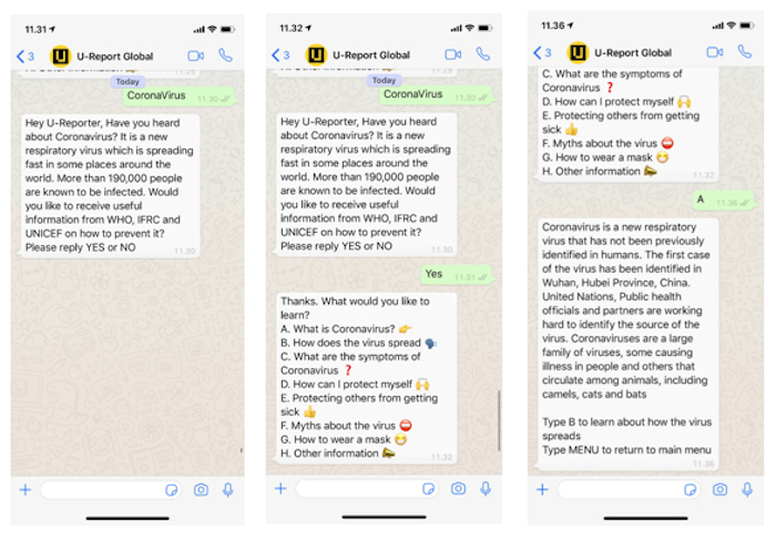 Screen shot showing a sample exchange between a UNICEF U-Report user engaging with the COVID-19 chatbot.