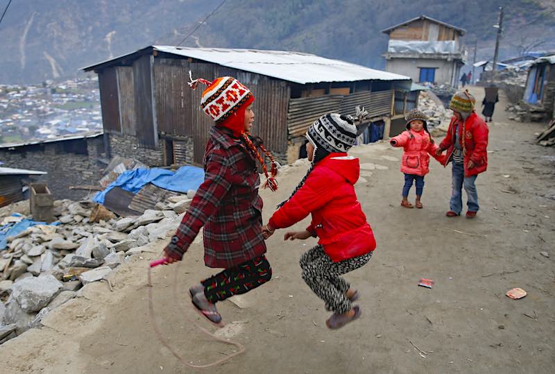 Children skip rope in Nepal