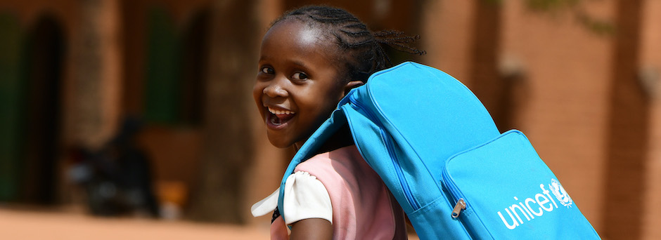UNICEF provides backpacks and learning materials to school children around the world, including this student in Niamey, Niger.