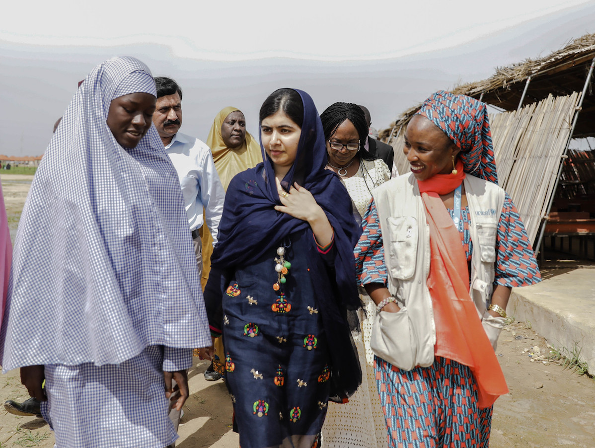 In July 2017, Malala Yousafzai toured a school in Maidaguri refugee camp in northeast Nigeria for students displaced by the Boko Haram conflict. 