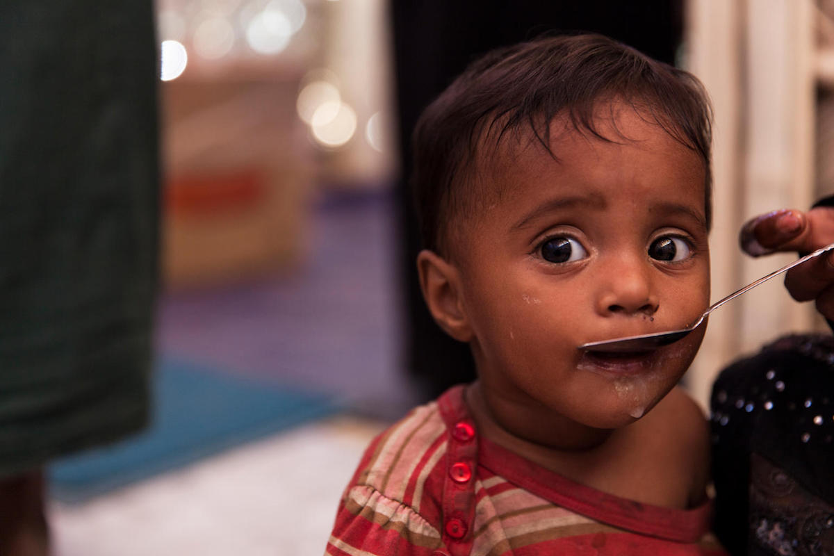 Rohingya refugee Parmina, 11 months old, being treated for severe acute malnutrition by UNICEF and partners in Bangladesh, December 2017.  