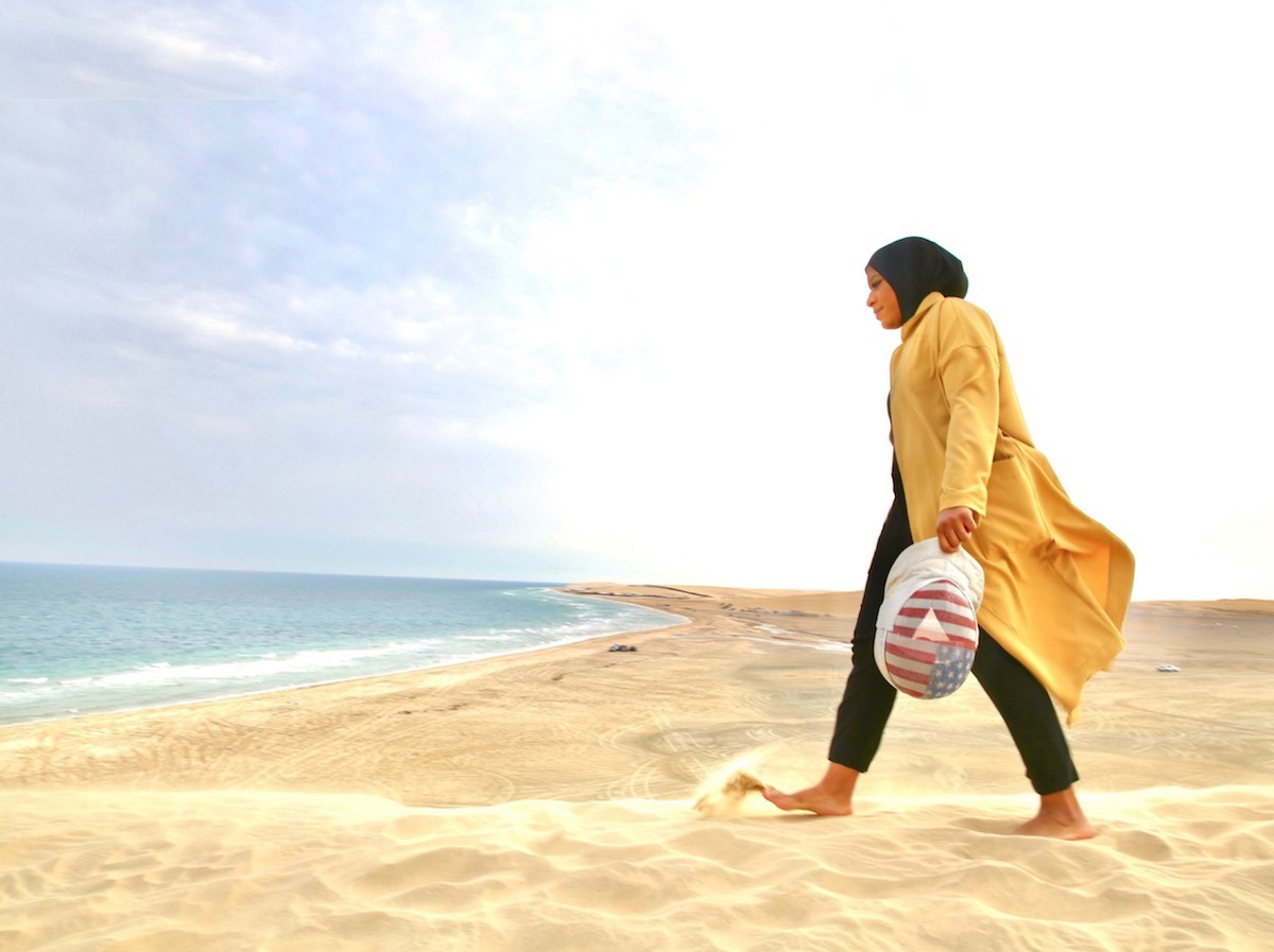 Ibtihaj Muhammad on the beach in Sealine, Qatar. 
