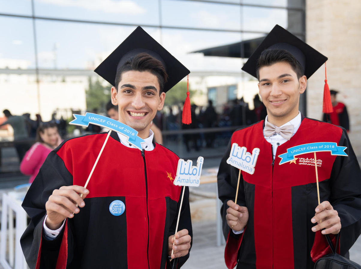 In May 2018 in Jordan, friends Mohammad and Mohammad graduate from a vocational training program on a UNICEF scholarship. 
