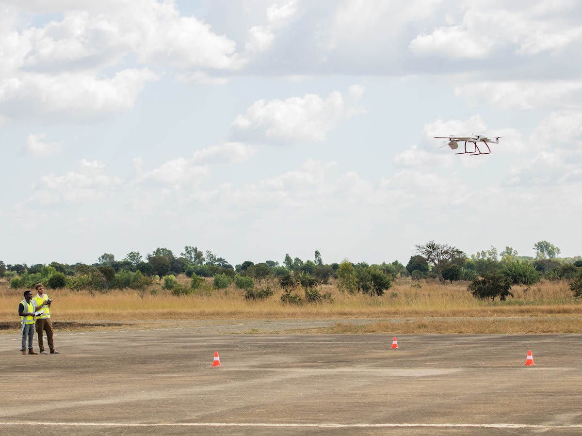 A UNICEF-supported medical supply delivery drone takes off from the Kasungu airstrip in central Malawi in 2019. 