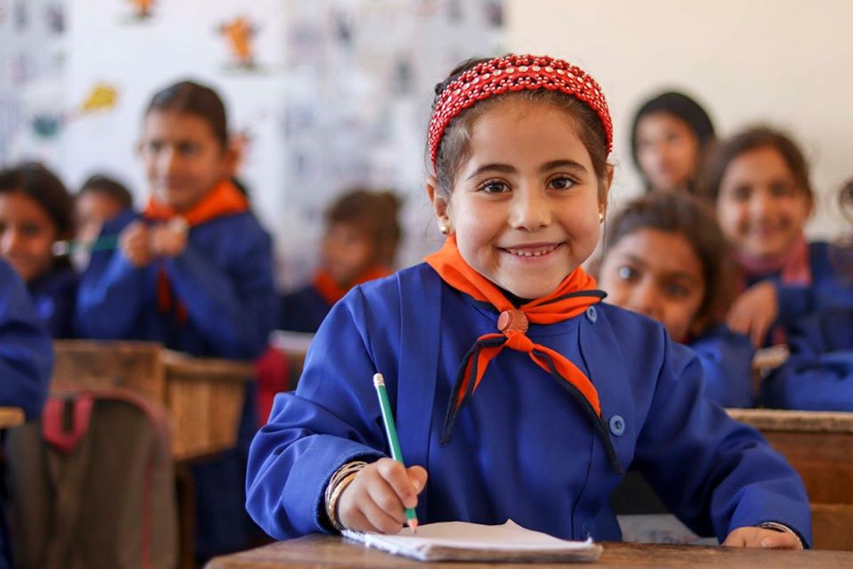 Catherine, 6, was able to start school in Maskana, eastern rural Aleppo, thanks to support from UNICEF and partner Educate A Child.