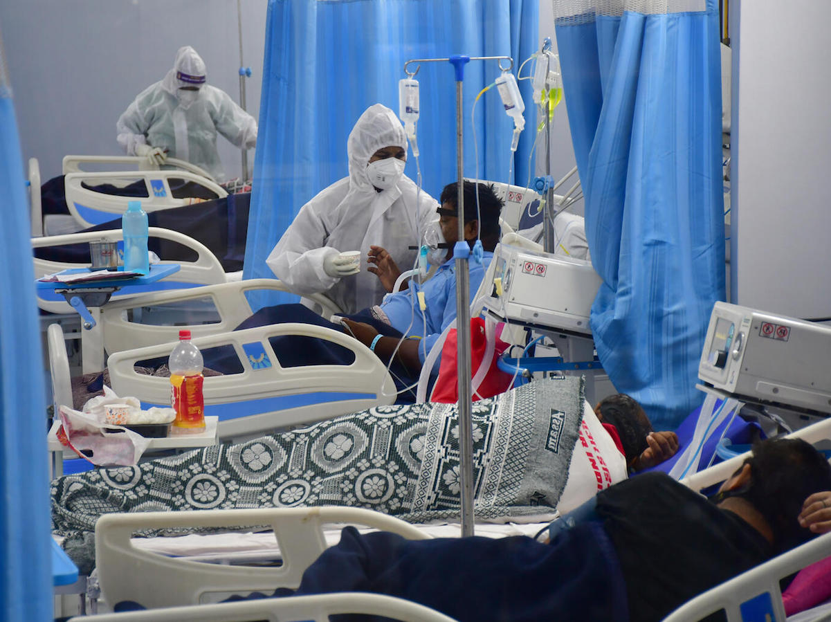 On May 6, 2021, patients receive treatment in the ICU ward at Mulund Jumbo's COVID-19 center in Mumbai, India.