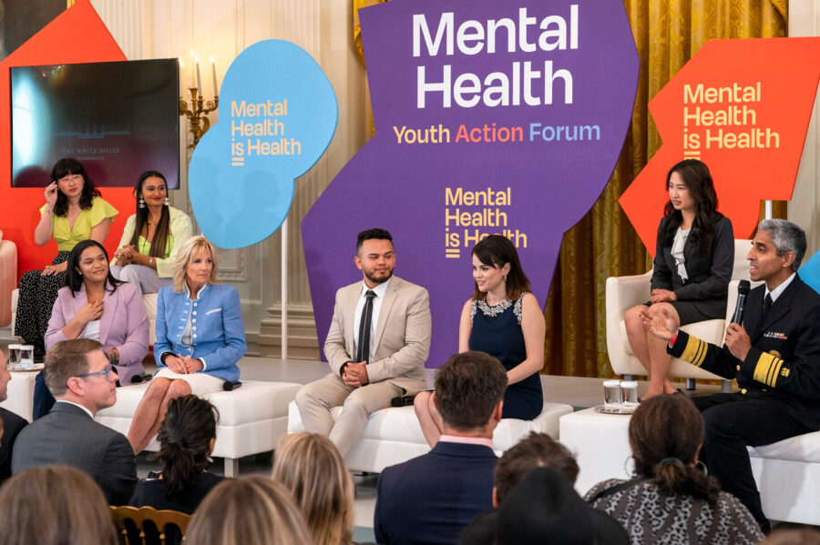 Cynthia Yue, far right, and other youth mental health advocates joined first lady Dr. Jill Biden, United States Surgeon General Dr. Vivek Murthy and UNICEF Ambassador Selena Gomez at the first-ever Mental Health Youth Action Forum, hosted by MTV.