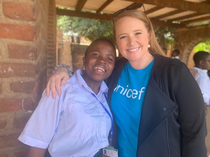 Joyce Chisale, a student in Malawi, and UNICEF USA Director of Public Relations Lauren Davitt
