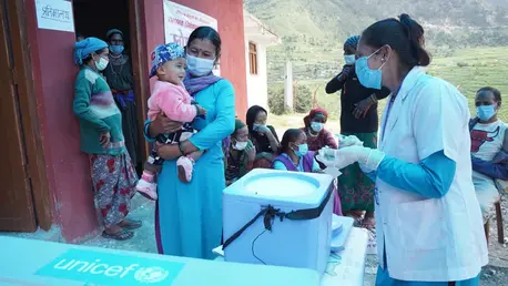 Volunteers talk to a mother holding a child
