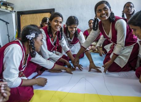 A group of adolescent girls participate in a menstrual health and hygiene activity in Ramgarh district, Jharkhand state, India.