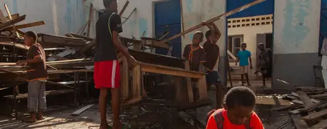 The rest of a public elementary school after the passage of cyclones Batsiraï and Emnati in Mananjary.
