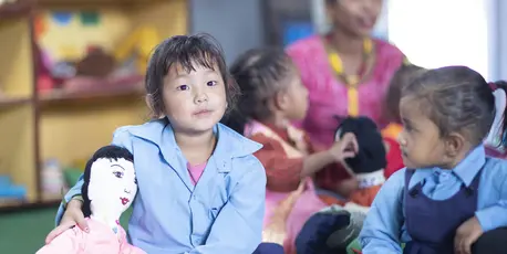 Young children learn at a UNICEF-supported, non-formal early childhood education center at Samajkalyan Primary School at Kavrepalanchowk District in Nepal. ©UNICEF/UNI222583/Prasad Ngakhusi
