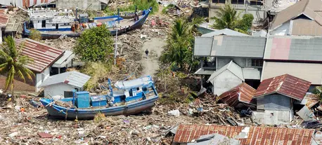An aerial view of the vast destruction of the Indonesian coast, between the towns of Banda Aceh and Meulaboh, caused by the December 26, 2004 Indian Ocean tsunami.