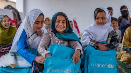 On March 1, 2023 - Girls smile during their class at a UNICEF supported transitional school in Hanna Urak, Quetta District, Balochistan.