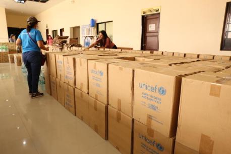 UNICEF Philippines staff ready supplies for distribution. 