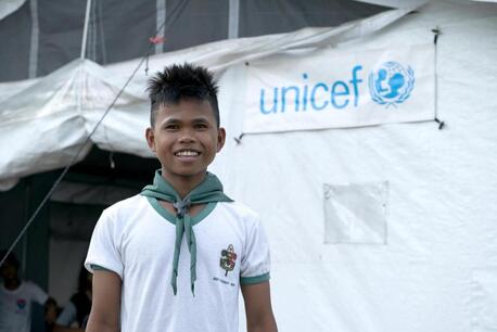 A prototype high-performance tent sheltered Rashid, 12, during field testing in the Philippines in 2019. Rashid was displaced from his home by typhoons.