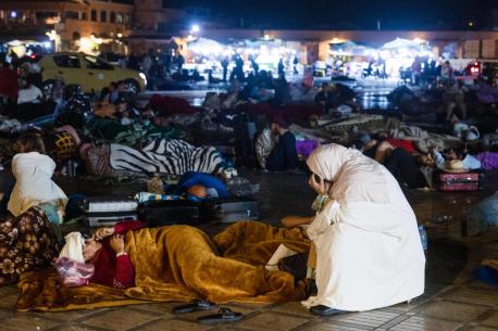 Residents stay out at a square in Marrakesh, Morocco on September 9, 2023, after an earthquake. 