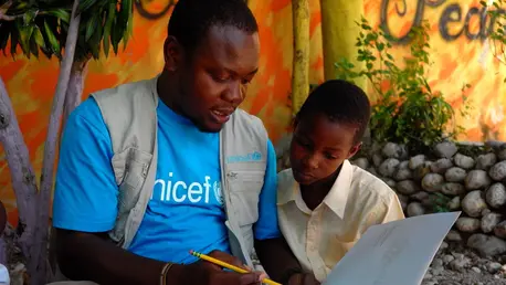 Les Cayes, Haiti. Children are benefitting from psychosocial and educational activities at this center supported by UNICEF and IDEJEN in the aftermath of 14 August Earthquake.