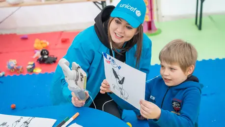 Yulia from UNCEF and Kostya, 7, are showing Kostya’s drawing of Wolverine during the live chat with Hugh Jackman who played Wolverine in X-men.