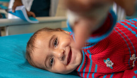 Ten-month-old Adela recovers from acute watery diarrhea at UNICEF-supported Wardak Provincial Hospital in Afghanistan. 