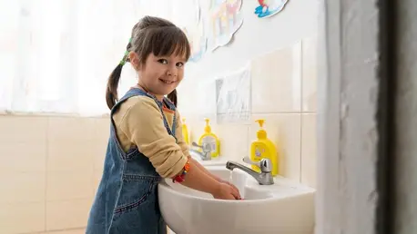 A girl smiles as she washes her hands in the sink at her preschool in Vasylkiv, Ukraine on Nov. 22, 2023. UNICEF recently repaired the school's water system.