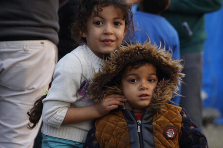 Children in Narlica Informal Camp setting in Hatay, after two devastating earthquakes hit southeastern Türkiye on Feb. 6, 2023.