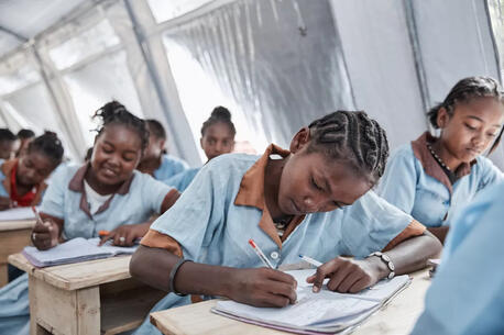 Students from public secondary school  Antaninarenina, in Tulear 1, Atsimo Andrefana region, Madagascar, study inside a temporary classroom set up by UNICEF after Tropical Storm Freddy battered the region, forcing many schools to close..